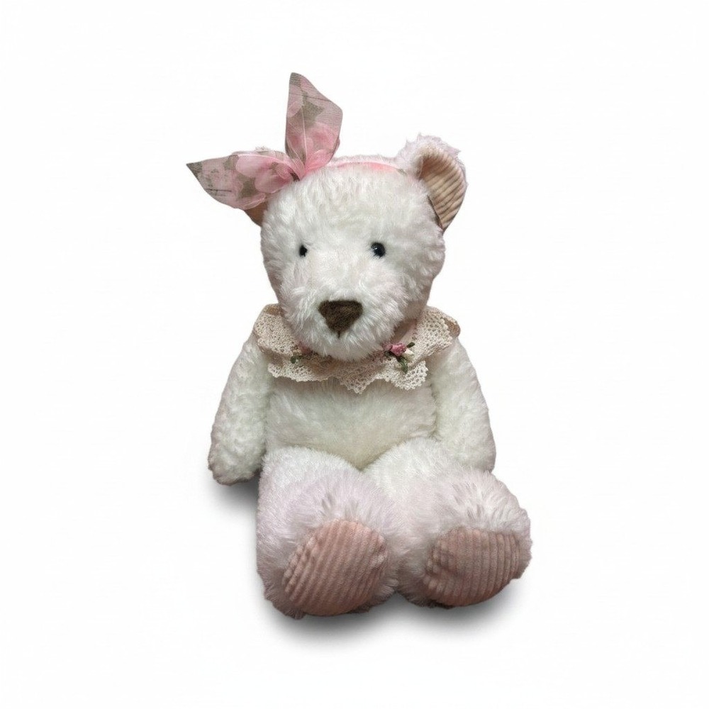 First & Main Chiffon Teddy Bear White Plush Lace Collar Pink Floral Bow Vintage